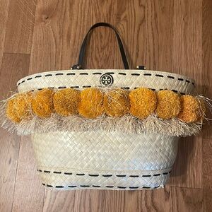 Tory Burch Straw Beach Tote with Golden Saffron PomPoms